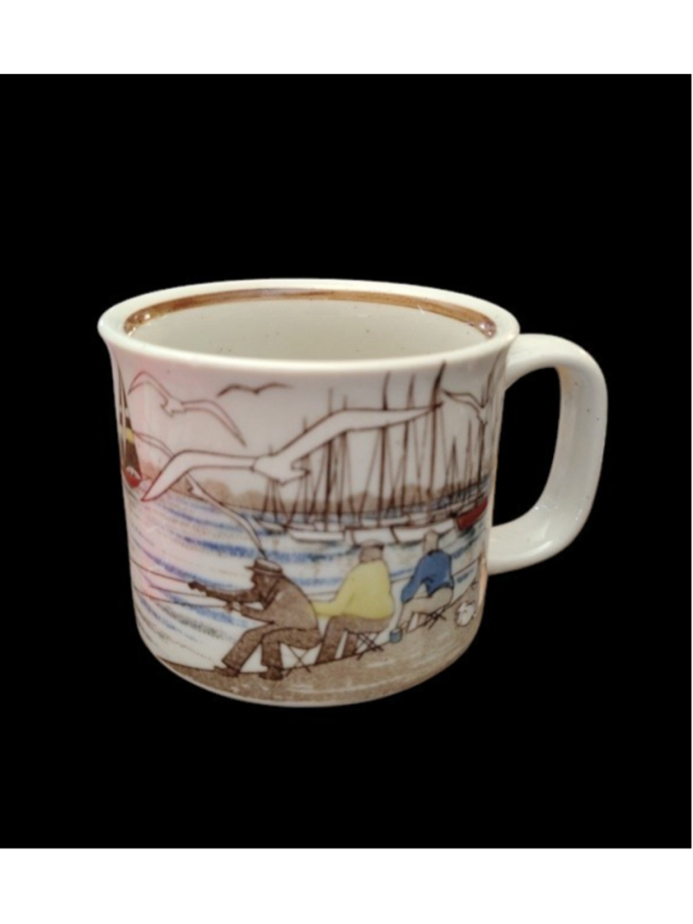 Otagiri Fisherman Mug Stoneware Harbor Scene Ocean Sailboat Dog Hand Painted 8oz